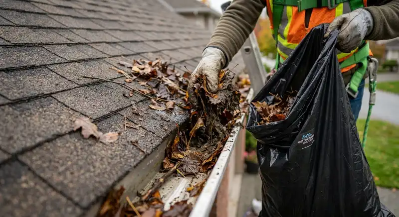 Hand removing leaves and debris from a Fayetteville home gutter