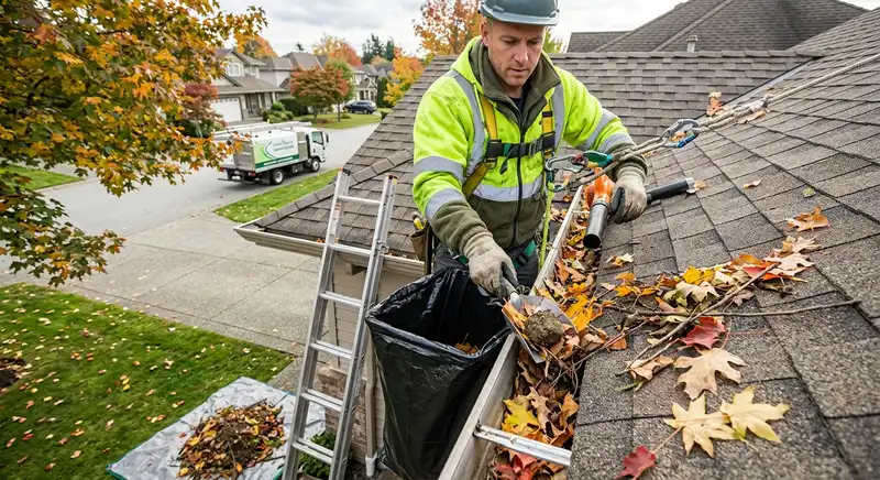 Clearing debris from a roof and gutters on a Fayetteville home
