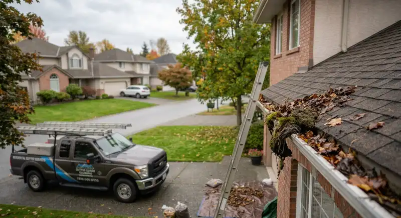 Clogged gutter before cleaning on a Fayetteville home