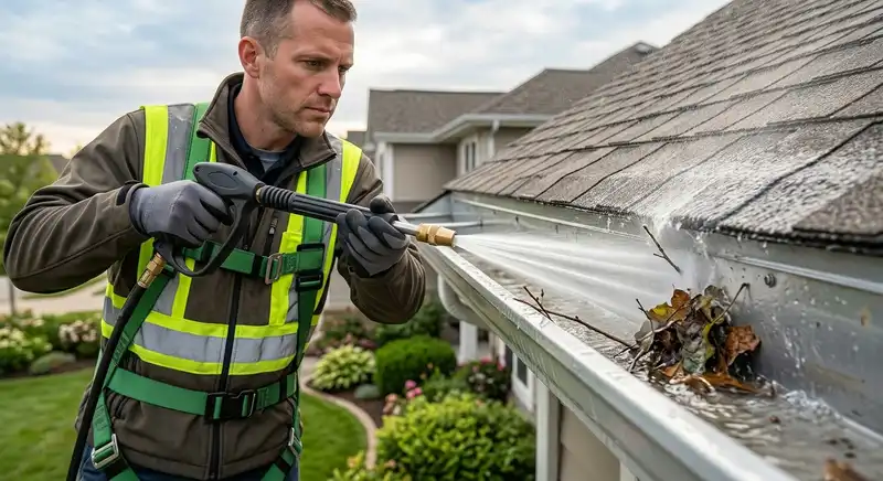 Flushing and rinsing a residential gutter channel in Fayetteville